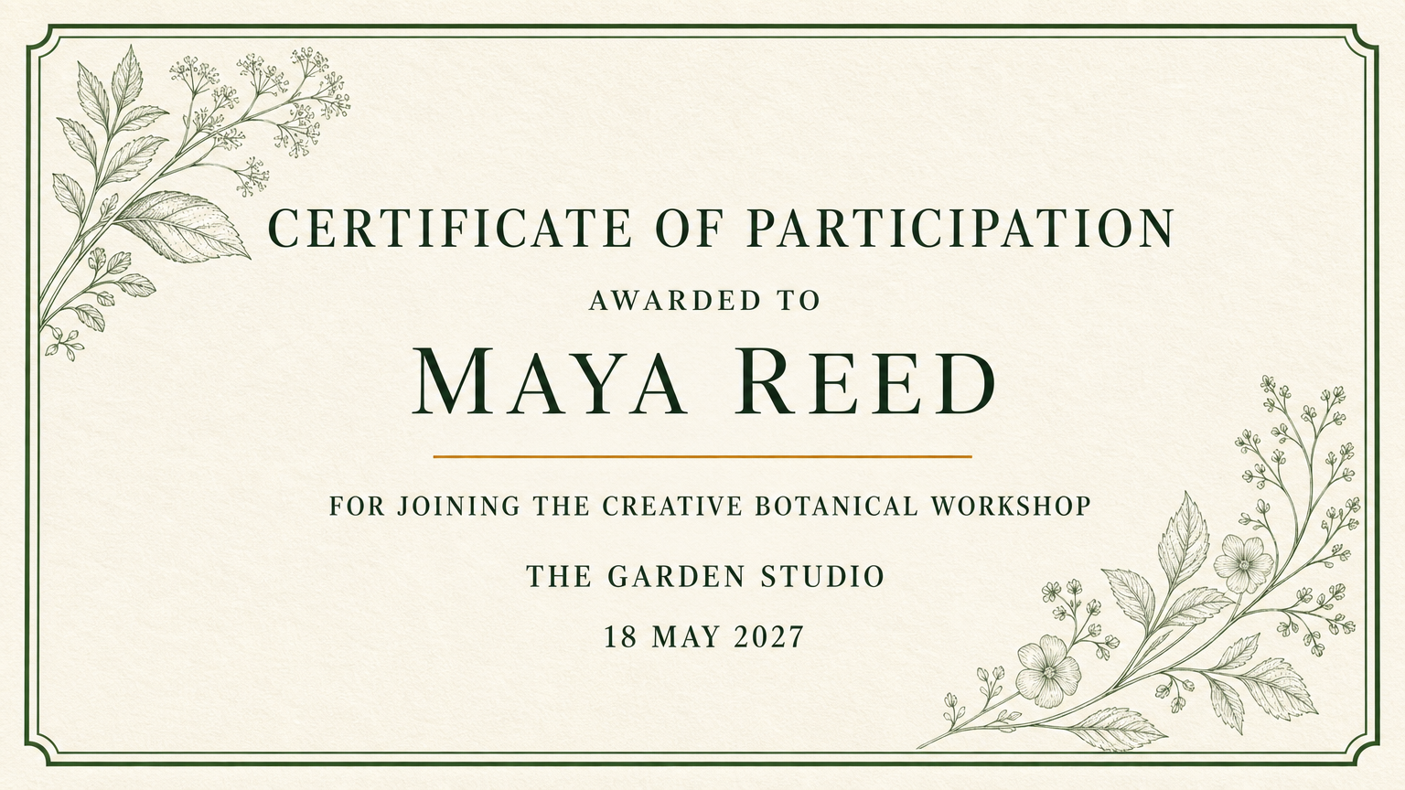 Ivory fictional workshop certificate with sage botanical linework, green borders and prominent recipient lettering.