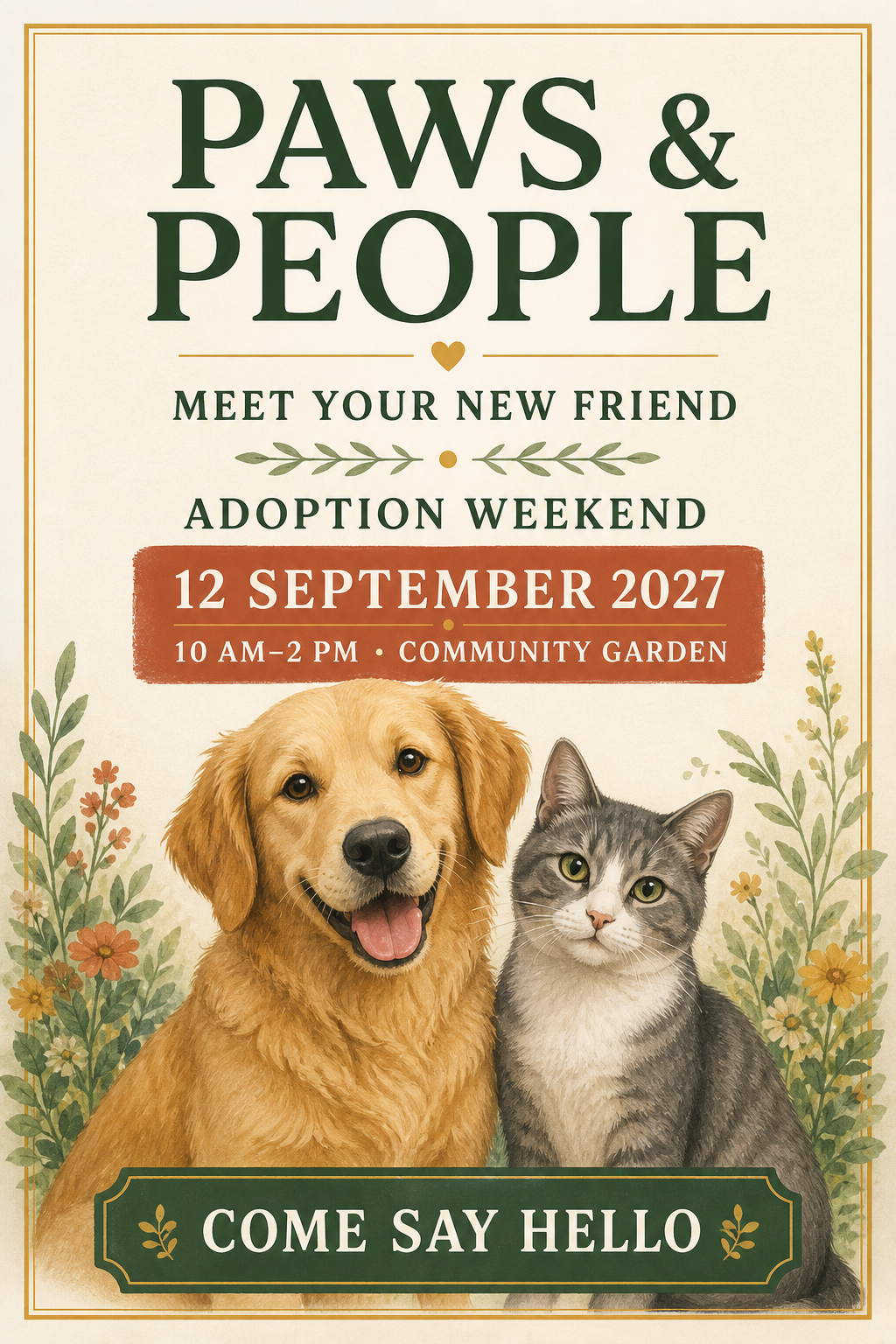 Cream pet-adoption flyer with friendly original dog and cat illustrations, green headline and terracotta event details.
